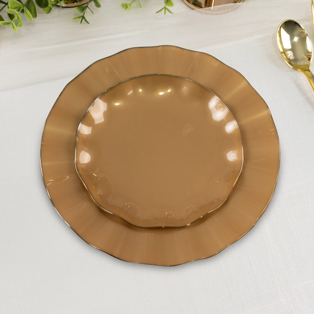 10 - Pack Plastic Round 6" Dessert Plates in Gold with Ruffled Rim - Sturdy Disposable Salad Appetizer Dinnerware for Classy Events & Banquets - Bell Racket Store