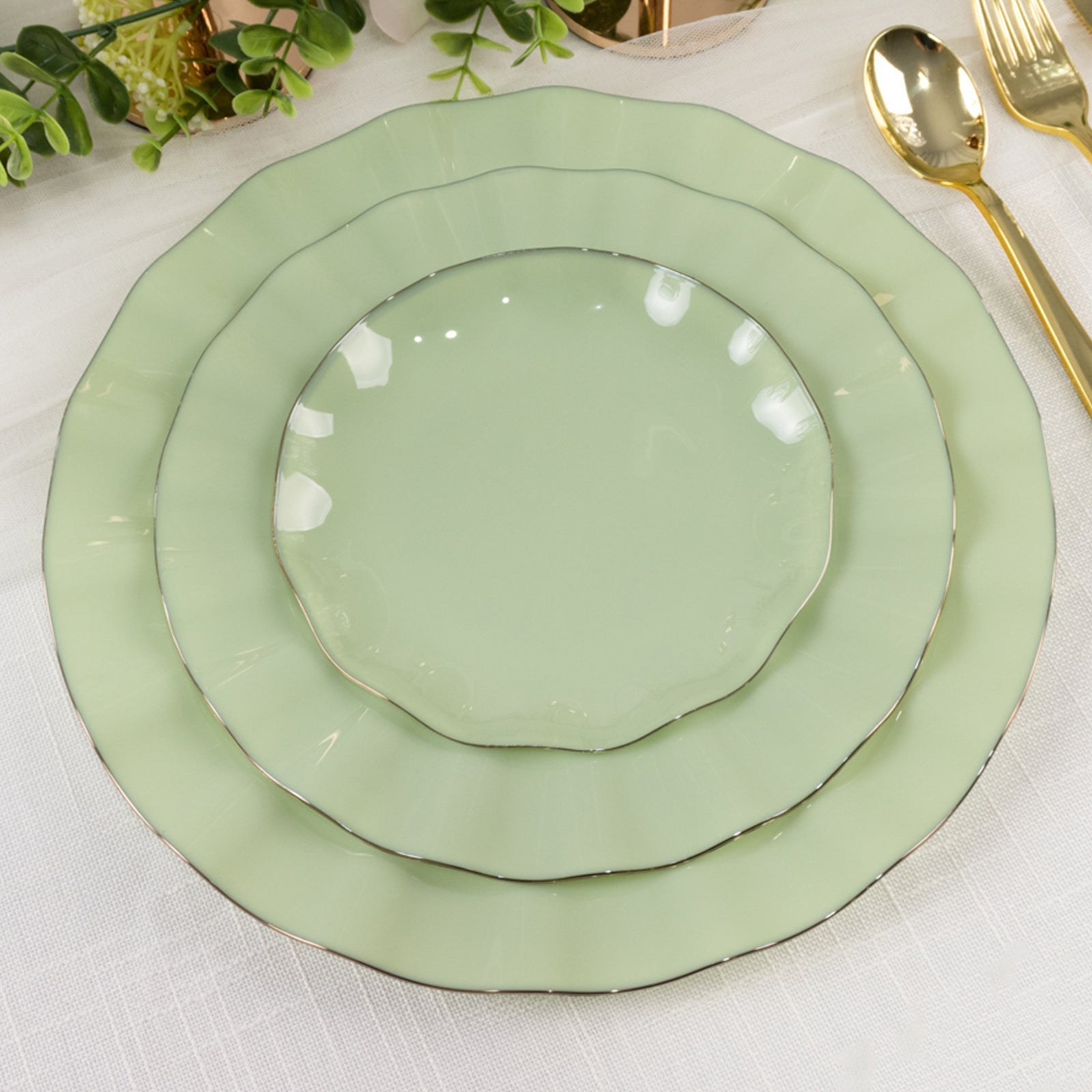 10 - Pack Plastic Round 6" Dessert Plates in Sage Green Ruffled Rim with Gold Edging - Sturdy Disposable Salad Appetizer Dinnerware - Bell Racket Store