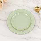 10 - Pack Plastic Round 6" Dessert Plates in Sage Green Ruffled Rim with Gold Edging - Sturdy Disposable Salad Appetizer Dinnerware - Bell Racket Store