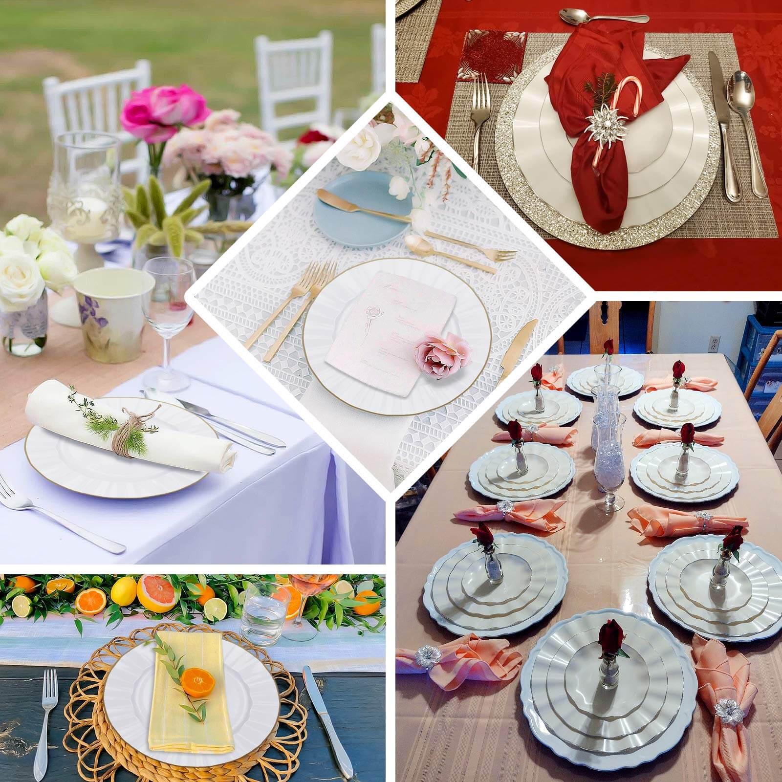 10 - Pack Plastic Round 6" Dessert Plates in White Ruffled Rim with Gold Edging - Sturdy Disposable Salad Appetizer Dinnerware for Classy Events & Banquets - Bell Racket Store