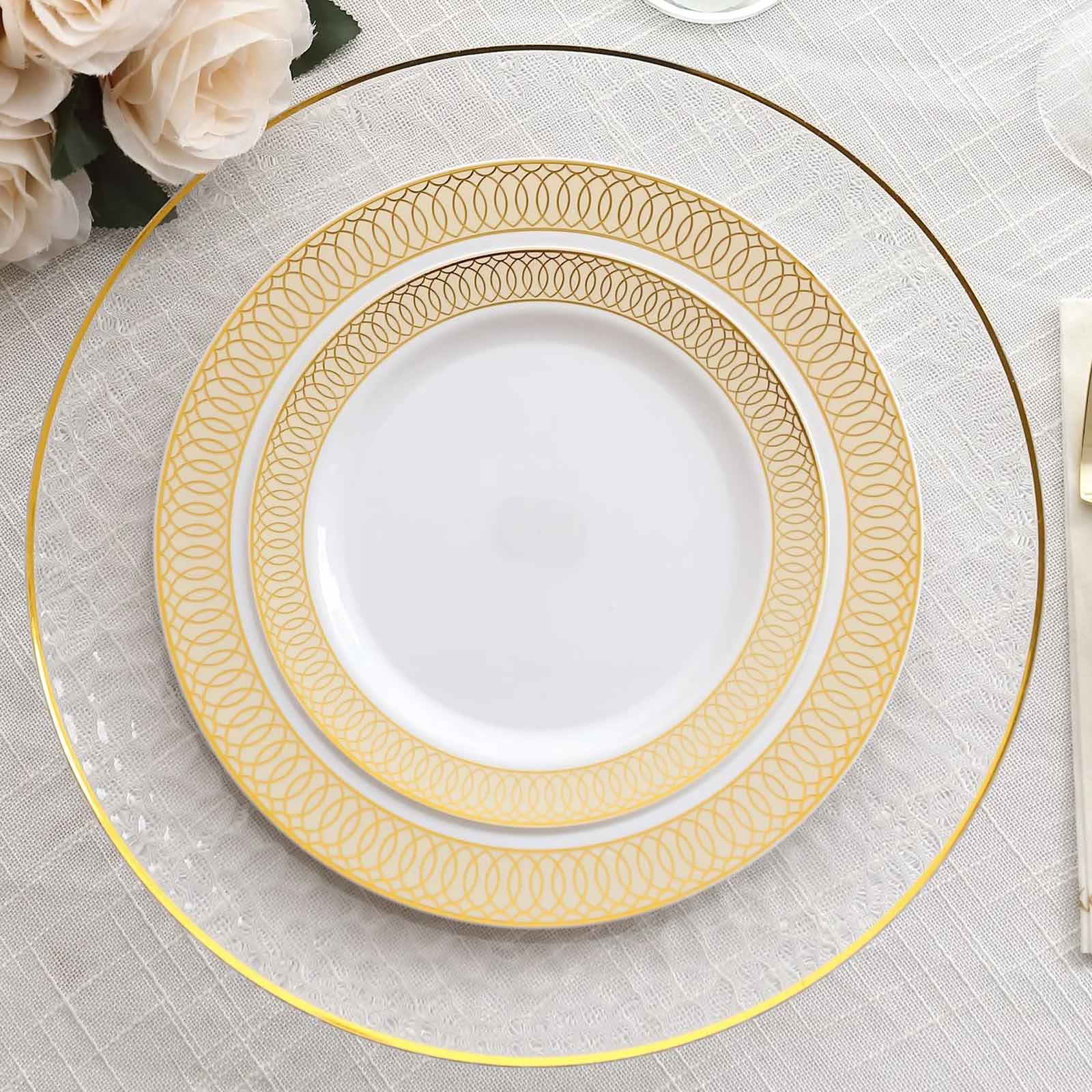 10 - Pack Plastic Round Dessert Plates 7" White with Beige Gold Spiral Rim - Disposable Salad Plates - Bell Racket Store