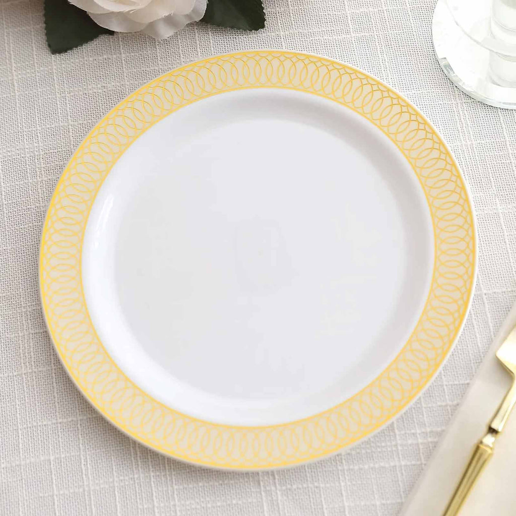10 - Pack Plastic Round Dessert Plates 7" White with Beige Gold Spiral Rim - Disposable Salad Plates - Bell Racket Store