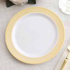 10 - Pack Plastic Round Dessert Plates 7" White with Beige Gold Spiral Rim - Disposable Salad Plates - Bell Racket Store