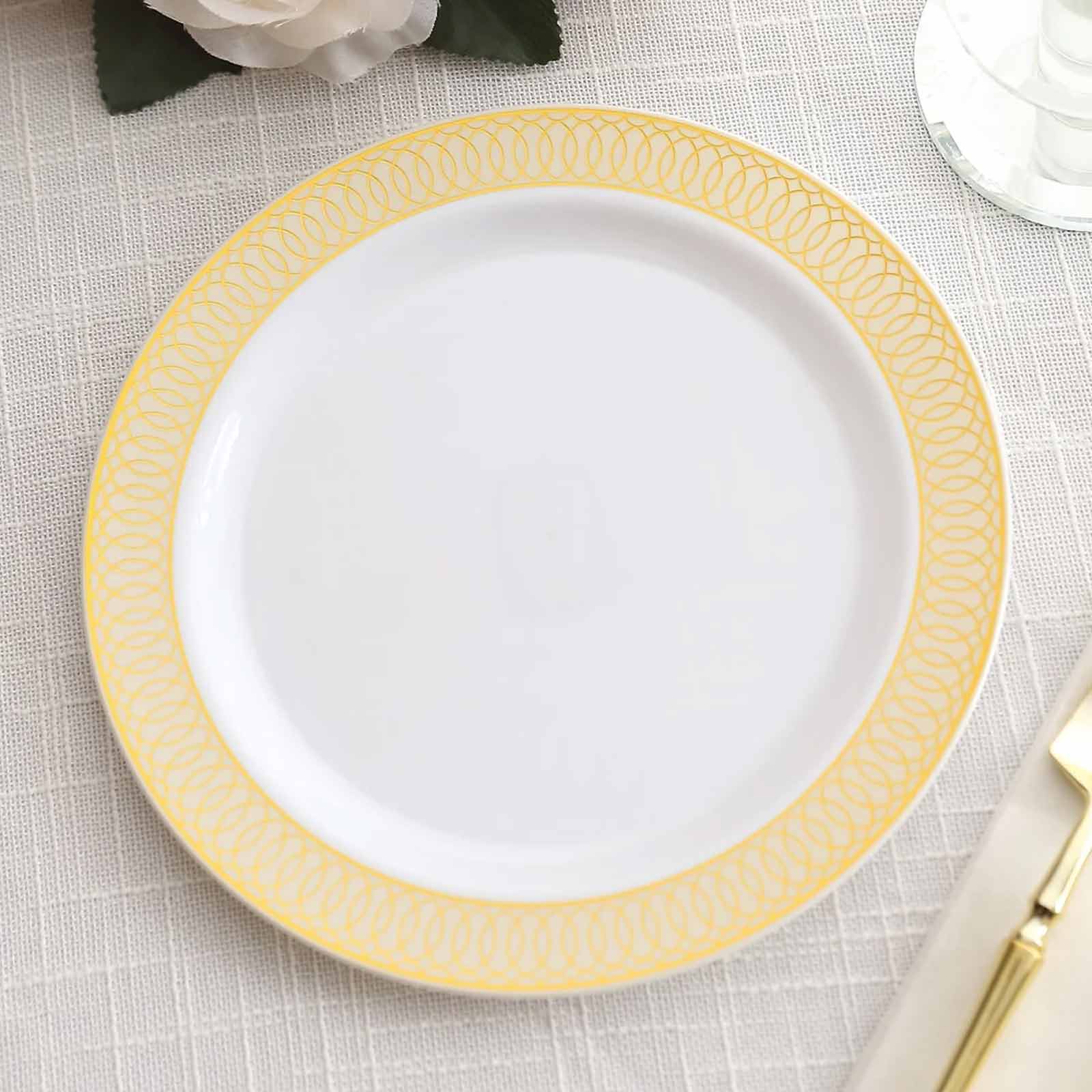 10 - Pack Plastic Round Dessert Plates 7" White with Beige Gold Spiral Rim - Disposable Salad Plates - Bell Racket Store