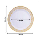 10 - Pack Plastic Round Dessert Plates 7" White with Beige Gold Spiral Rim - Disposable Salad Plates - Bell Racket Store