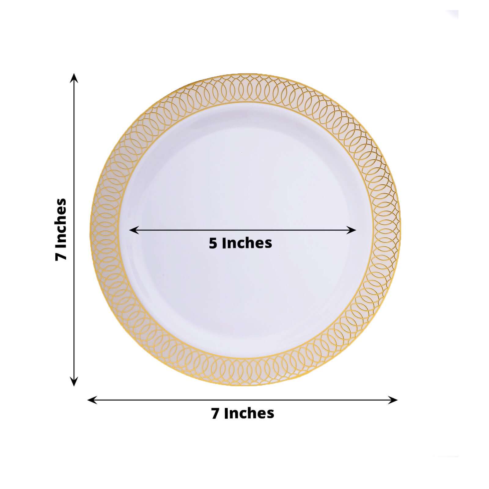 10 - Pack Plastic Round Dessert Plates 7" White with Beige Gold Spiral Rim - Disposable Salad Plates - Bell Racket Store