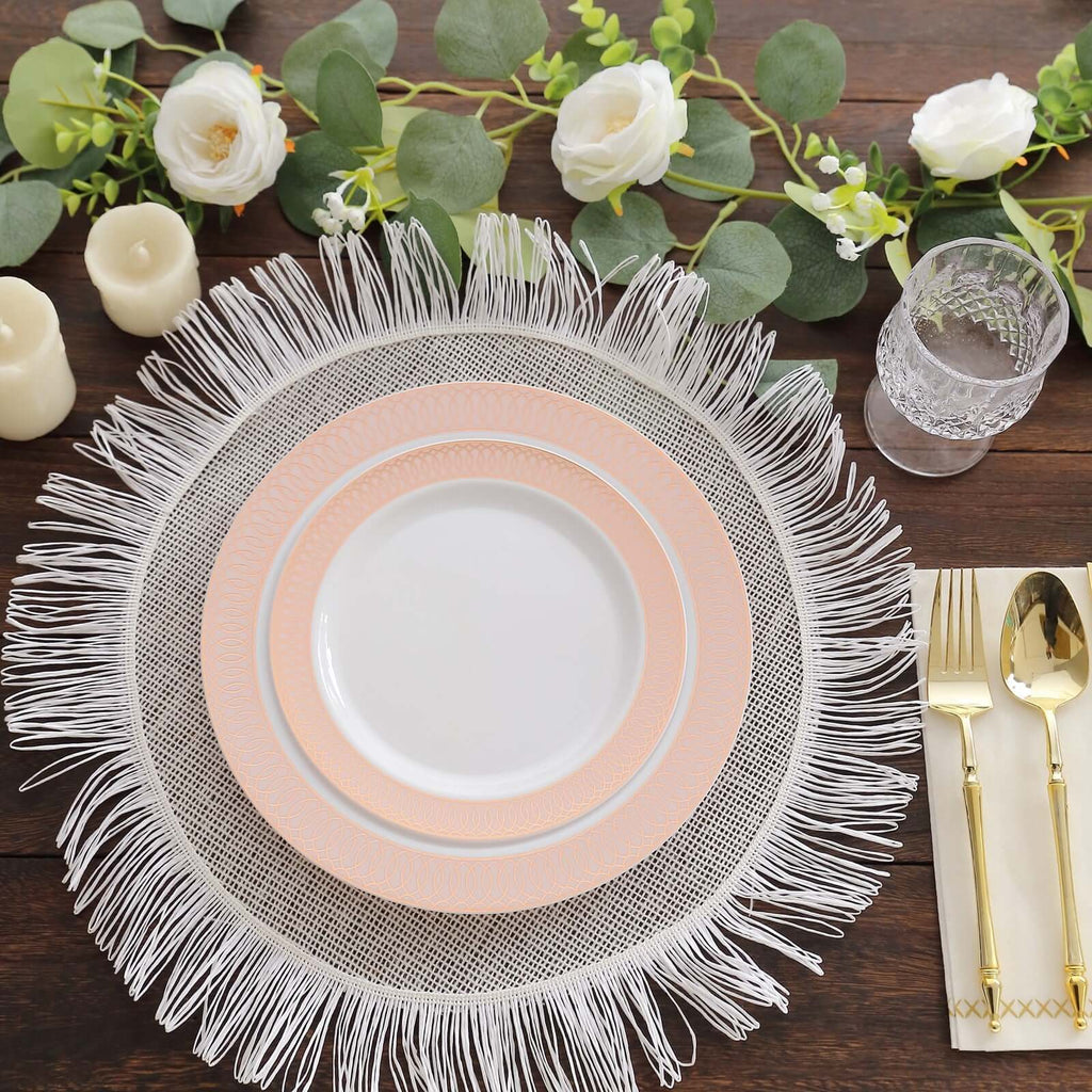 10 - Pack Plastic Round Dessert Plates 7" White with Blush Rose Gold Spiral Rim - Chic Disposable Salad Plates for Events & Banquets - Bell Racket Store