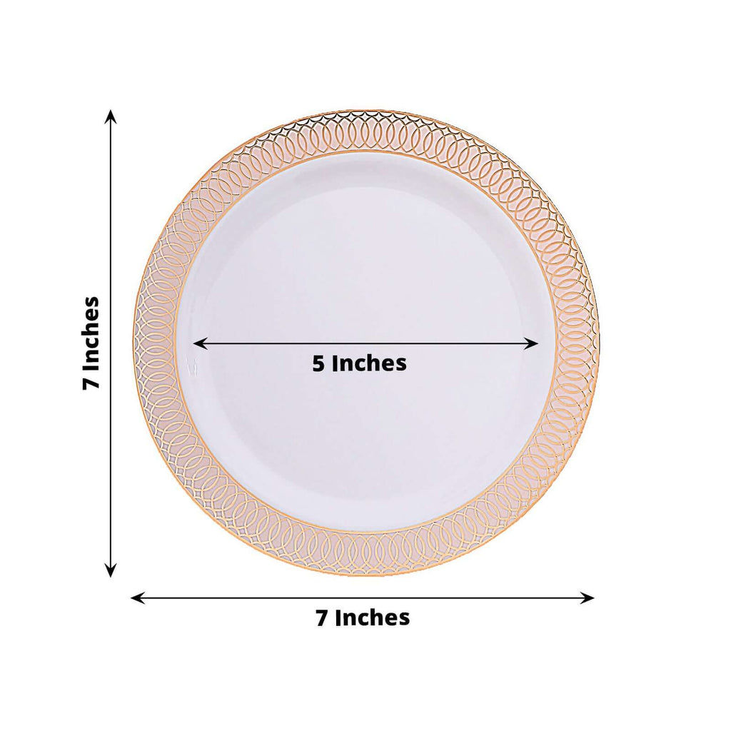 10 - Pack Plastic Round Dessert Plates 7" White with Blush Rose Gold Spiral Rim - Chic Disposable Salad Plates for Events & Banquets - Bell Racket Store