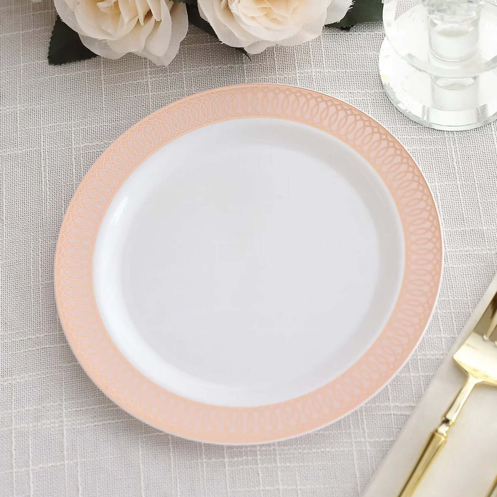 10 - Pack Plastic Round Dessert Plates 7" White with Blush Rose Gold Spiral Rim - Chic Disposable Salad Plates for Events & Banquets - Bell Racket Store