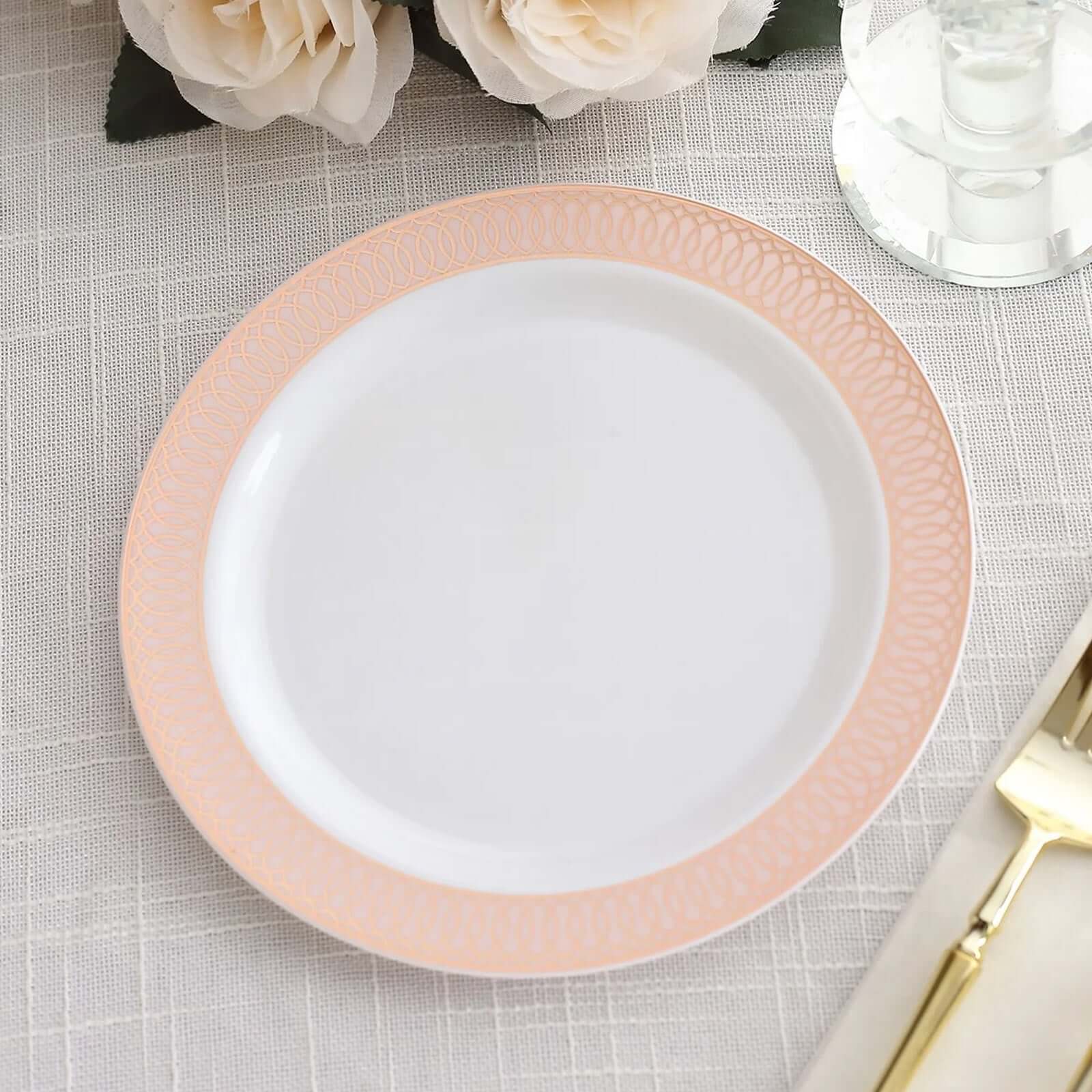10 - Pack Plastic Round Dessert Plates 7" White with Blush Rose Gold Spiral Rim - Chic Disposable Salad Plates for Events & Banquets - Bell Racket Store