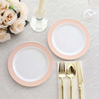 10 - Pack Plastic Round Dessert Plates 7" White with Blush Rose Gold Spiral Rim - Chic Disposable Salad Plates for Events & Banquets - Bell Racket Store