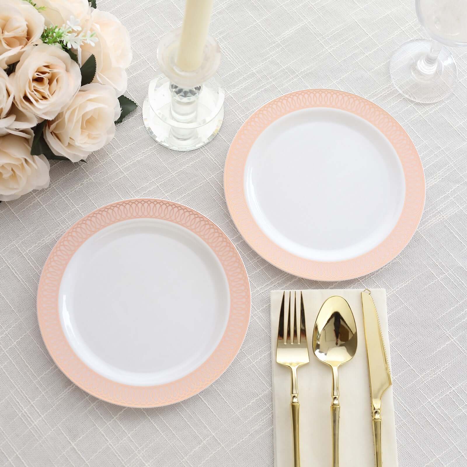 10 - Pack Plastic Round Dessert Plates 7" White with Blush Rose Gold Spiral Rim - Chic Disposable Salad Plates for Events & Banquets - Bell Racket Store