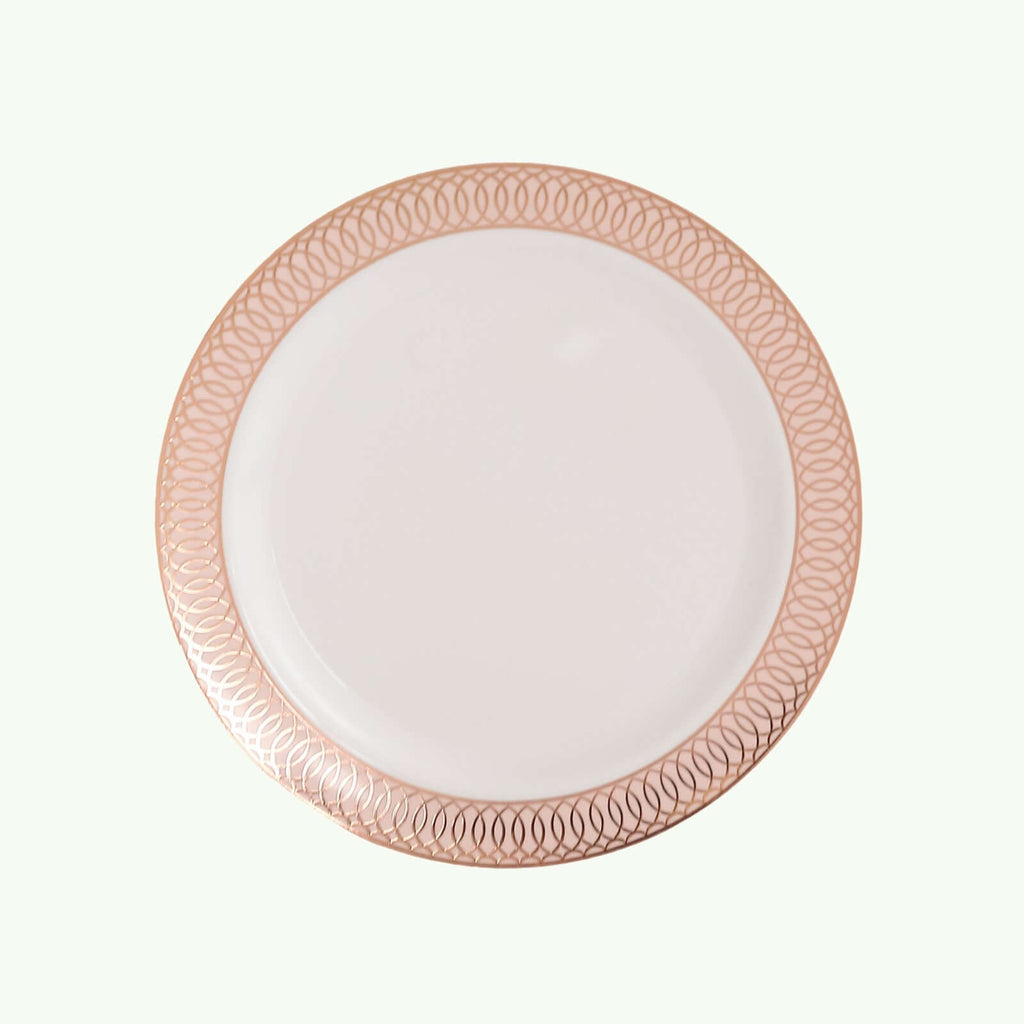 10 - Pack Plastic Round Dessert Plates 7" White with Blush Rose Gold Spiral Rim - Chic Disposable Salad Plates for Events & Banquets - Bell Racket Store