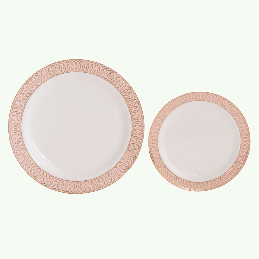 10 - Pack Plastic Round Dessert Plates 7" White with Blush Rose Gold Spiral Rim - Chic Disposable Salad Plates for Events & Banquets - Bell Racket Store