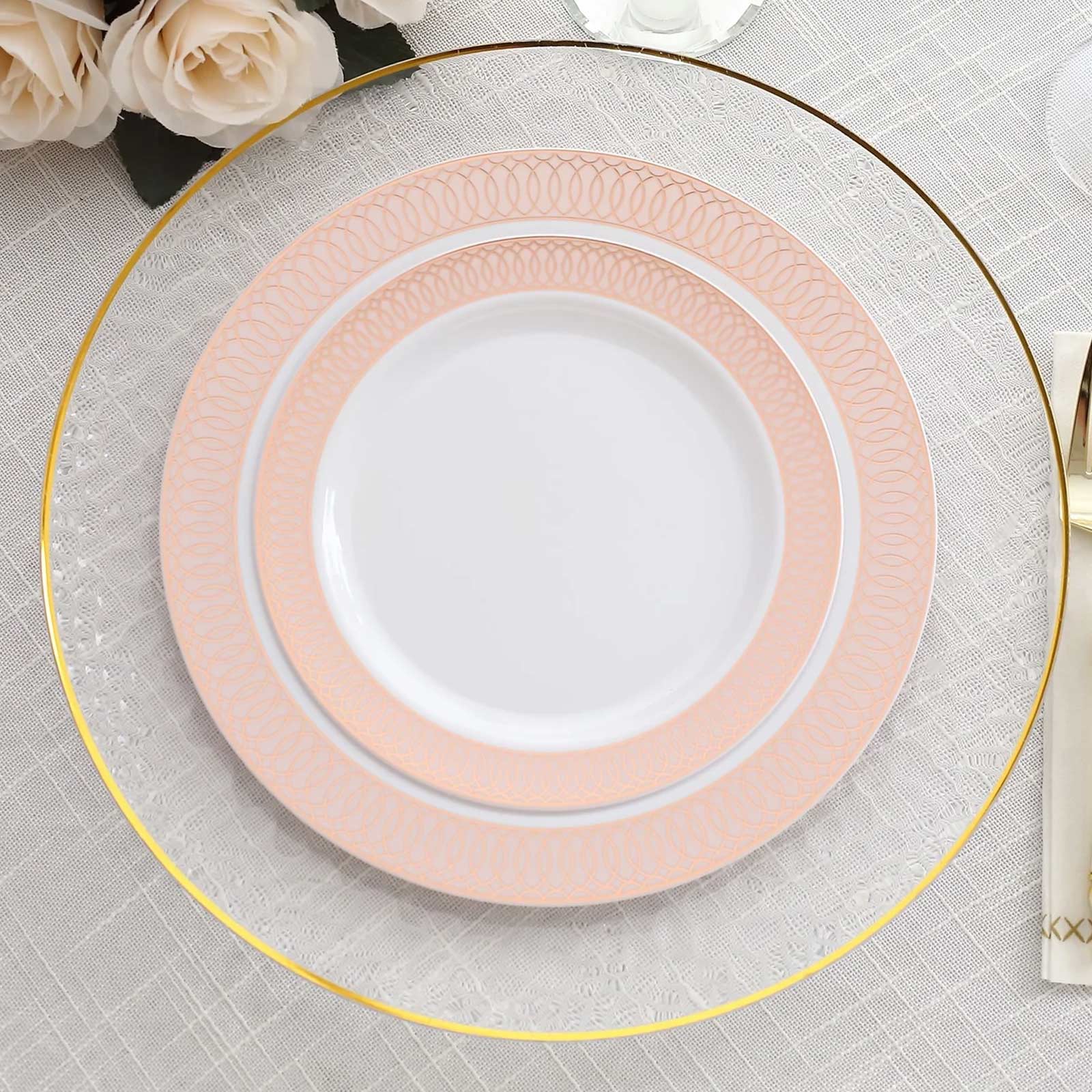 10 - Pack Plastic Round Dessert Plates 7" White with Blush Rose Gold Spiral Rim - Chic Disposable Salad Plates for Events & Banquets - Bell Racket Store