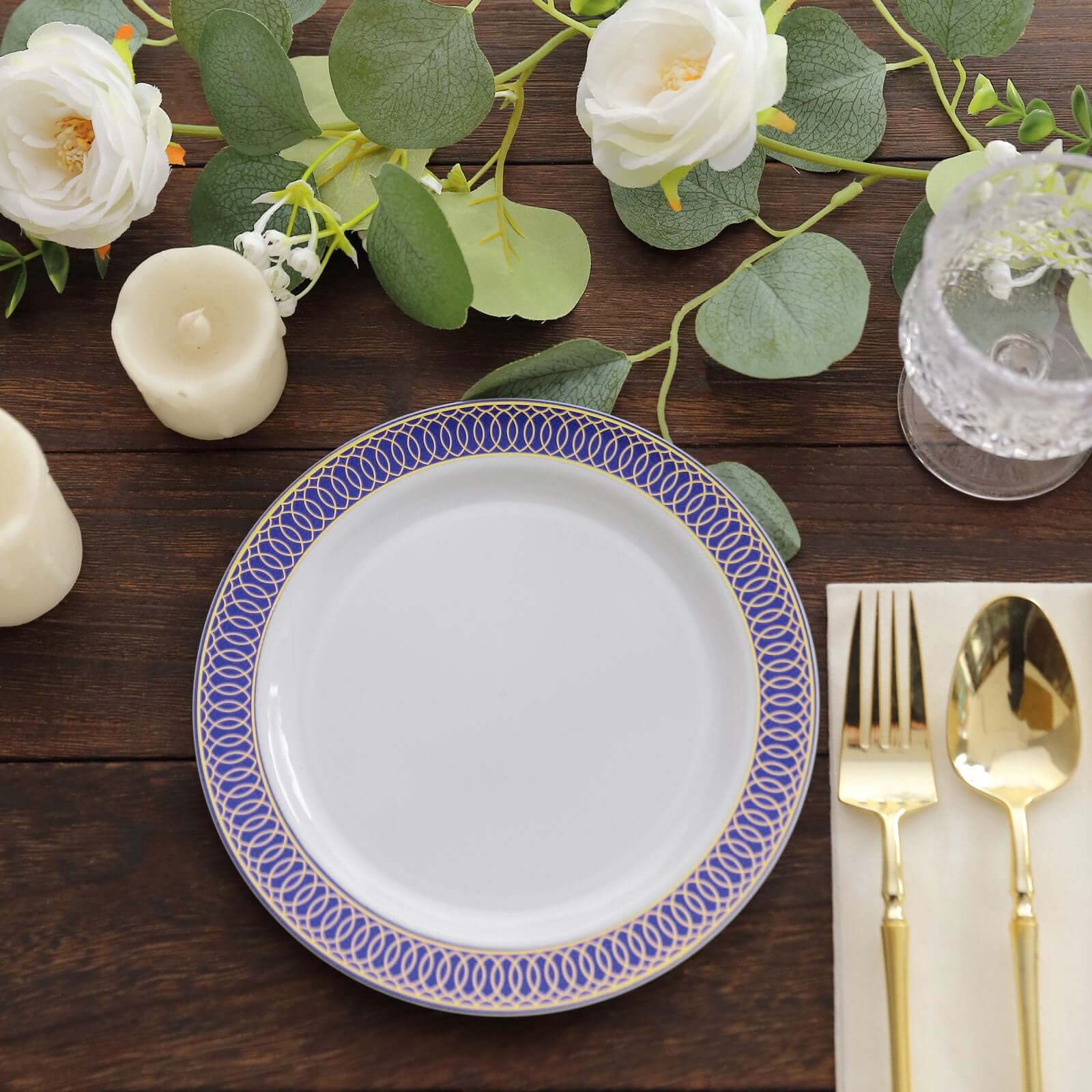 10 - Pack Plastic Round Dessert Plates 7" White with Navy Blue Gold Spiral Rim - Disposable Salad Plates - Bell Racket Store