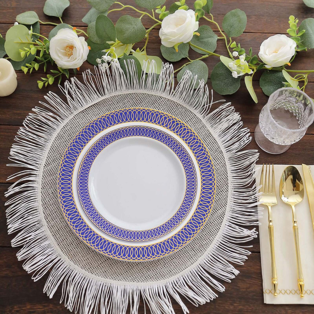 10 - Pack Plastic Round Dessert Plates 7" White with Navy Blue Gold Spiral Rim - Disposable Salad Plates - Bell Racket Store