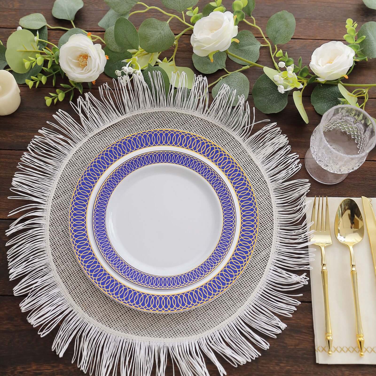 10 - Pack Plastic Round Dessert Plates 7" White with Navy Blue Gold Spiral Rim - Disposable Salad Plates - Bell Racket Store