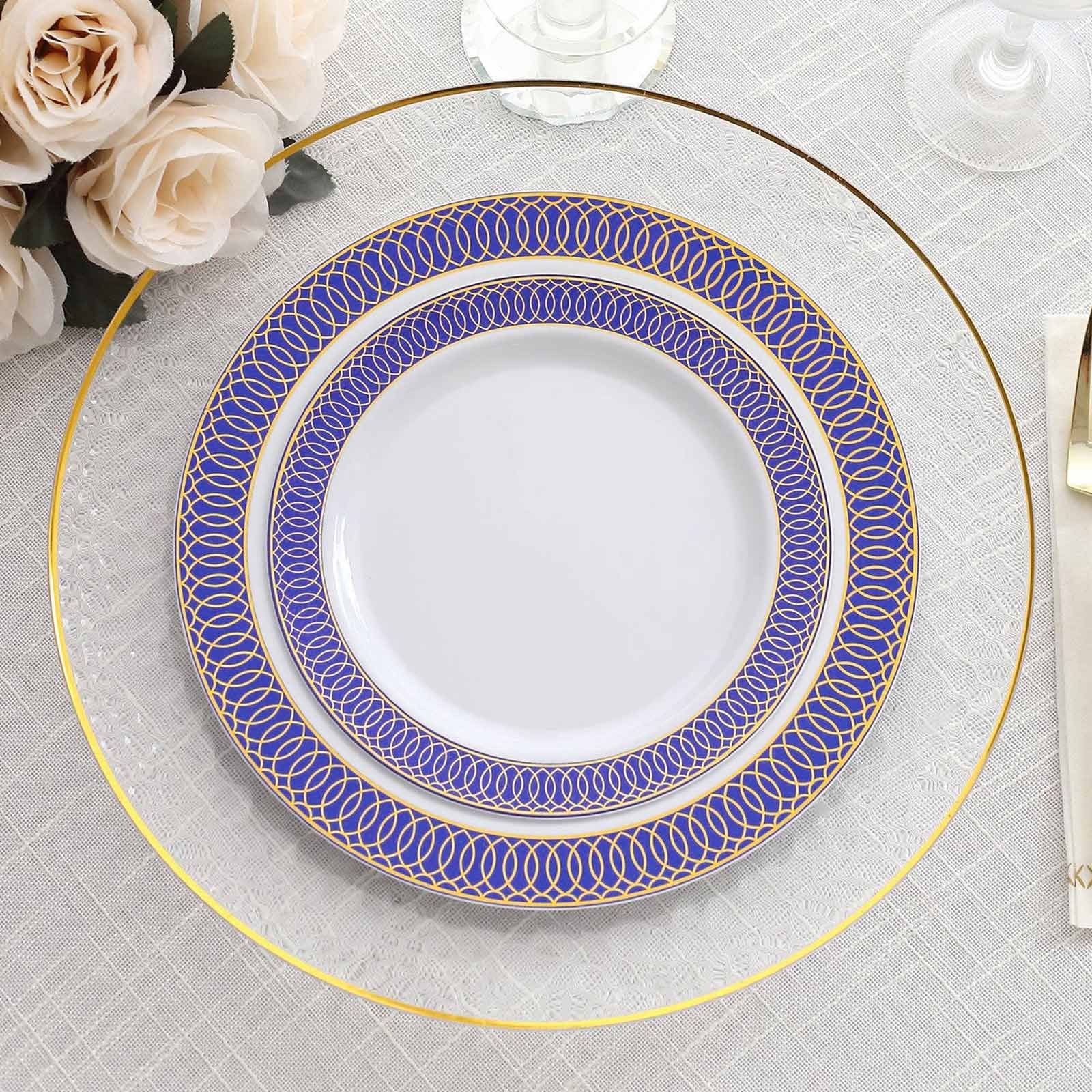 10 - Pack Plastic Round Dessert Plates 7" White with Navy Blue Gold Spiral Rim - Disposable Salad Plates - Bell Racket Store