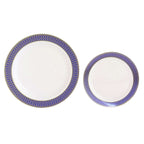 10 - Pack Plastic Round Dessert Plates 7" White with Navy Blue Gold Spiral Rim - Disposable Salad Plates - Bell Racket Store
