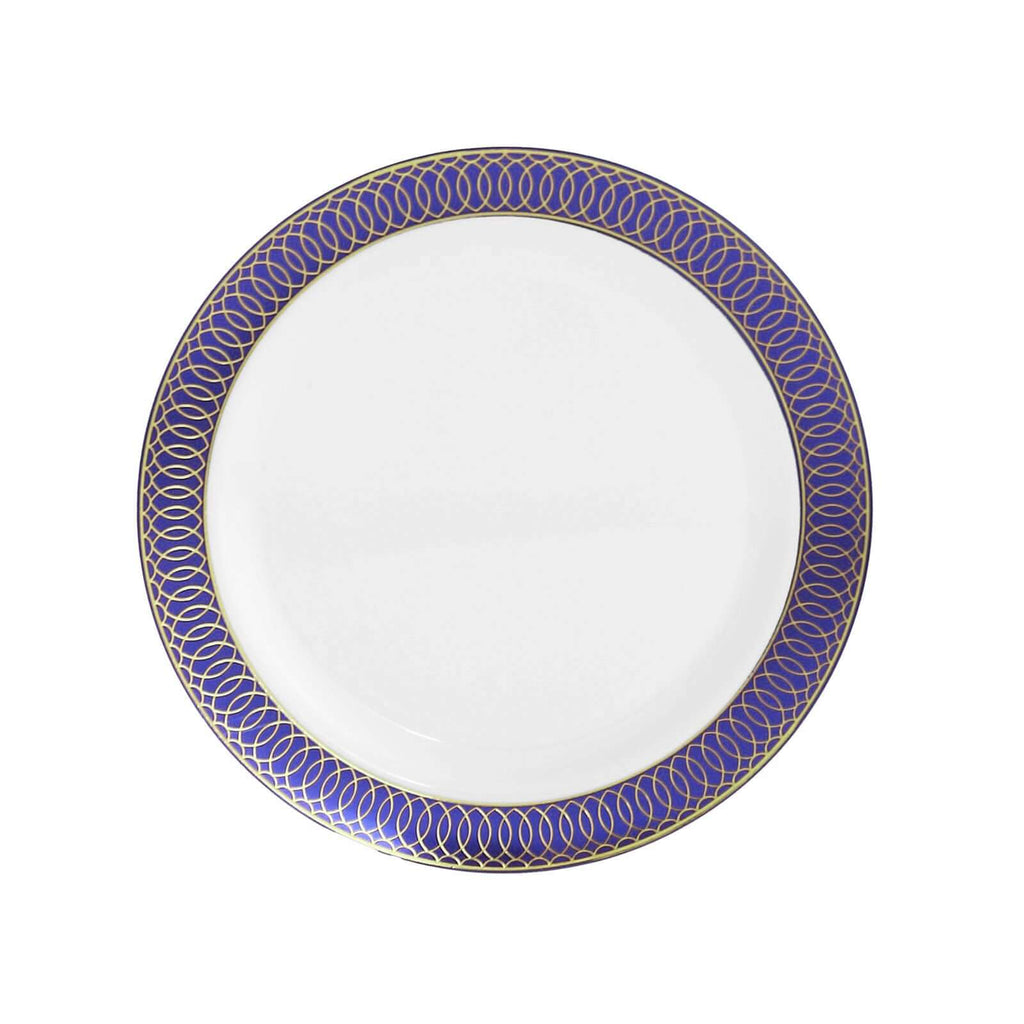 10 - Pack Plastic Round Dessert Plates 7" White with Navy Blue Gold Spiral Rim - Disposable Salad Plates - Bell Racket Store