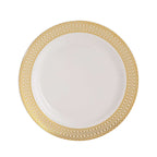 10 - Pack Plastic Round Dinner Plates 10" White with Beige Gold Spiral Rim - Chic Disposable Party Plates - Bell Racket Store