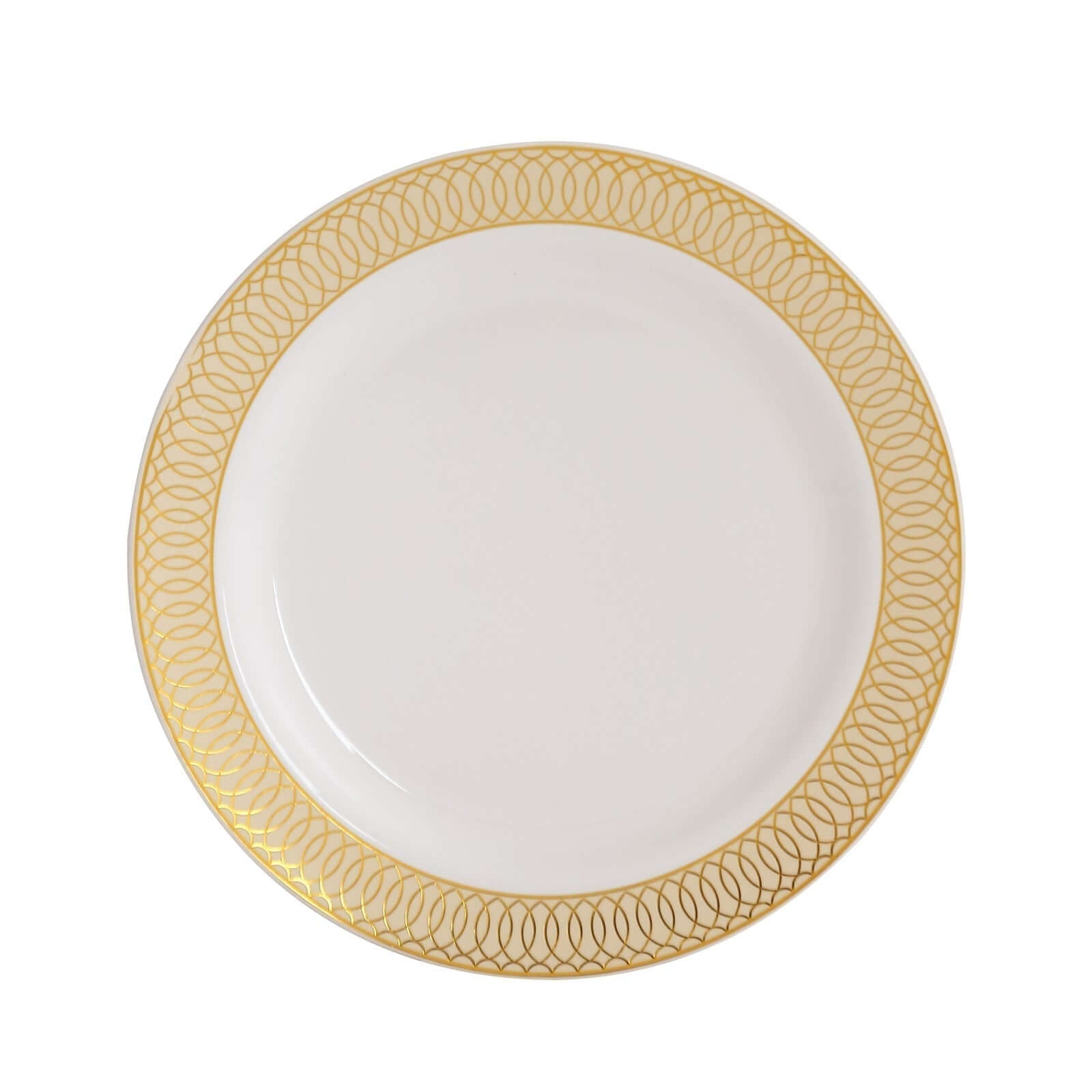 10 - Pack Plastic Round Dinner Plates 10" White with Beige Gold Spiral Rim - Chic Disposable Party Plates - Bell Racket Store