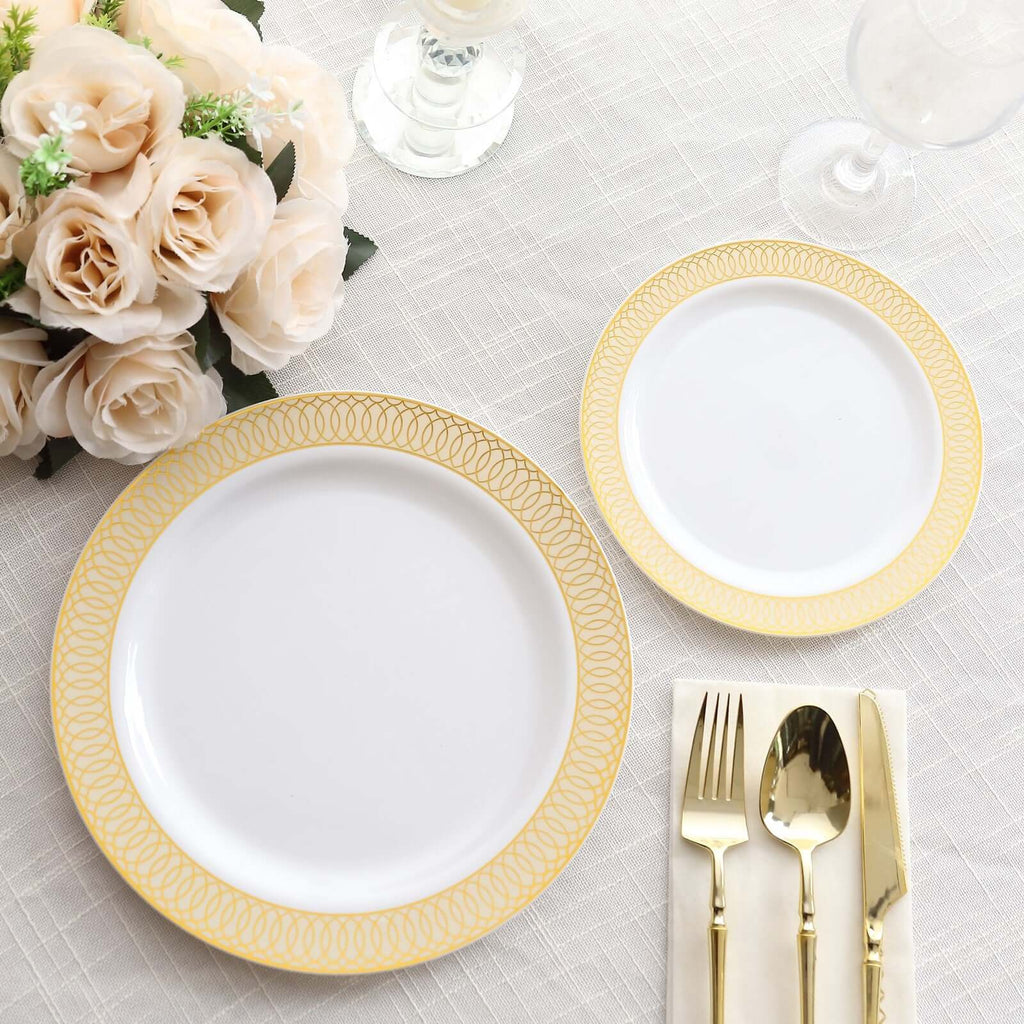 10 - Pack Plastic Round Dinner Plates 10" White with Beige Gold Spiral Rim - Chic Disposable Party Plates - Bell Racket Store