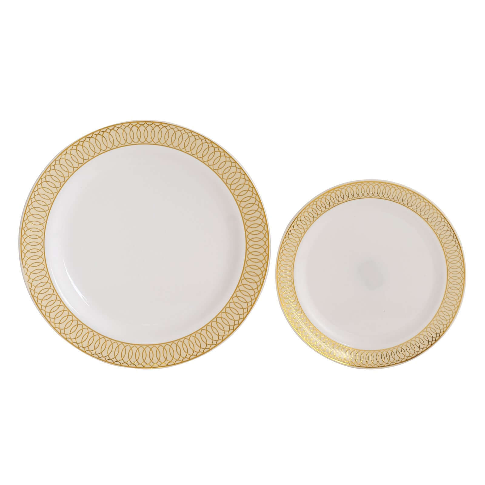 10 - Pack Plastic Round Dinner Plates 10" White with Beige Gold Spiral Rim - Chic Disposable Party Plates - Bell Racket Store
