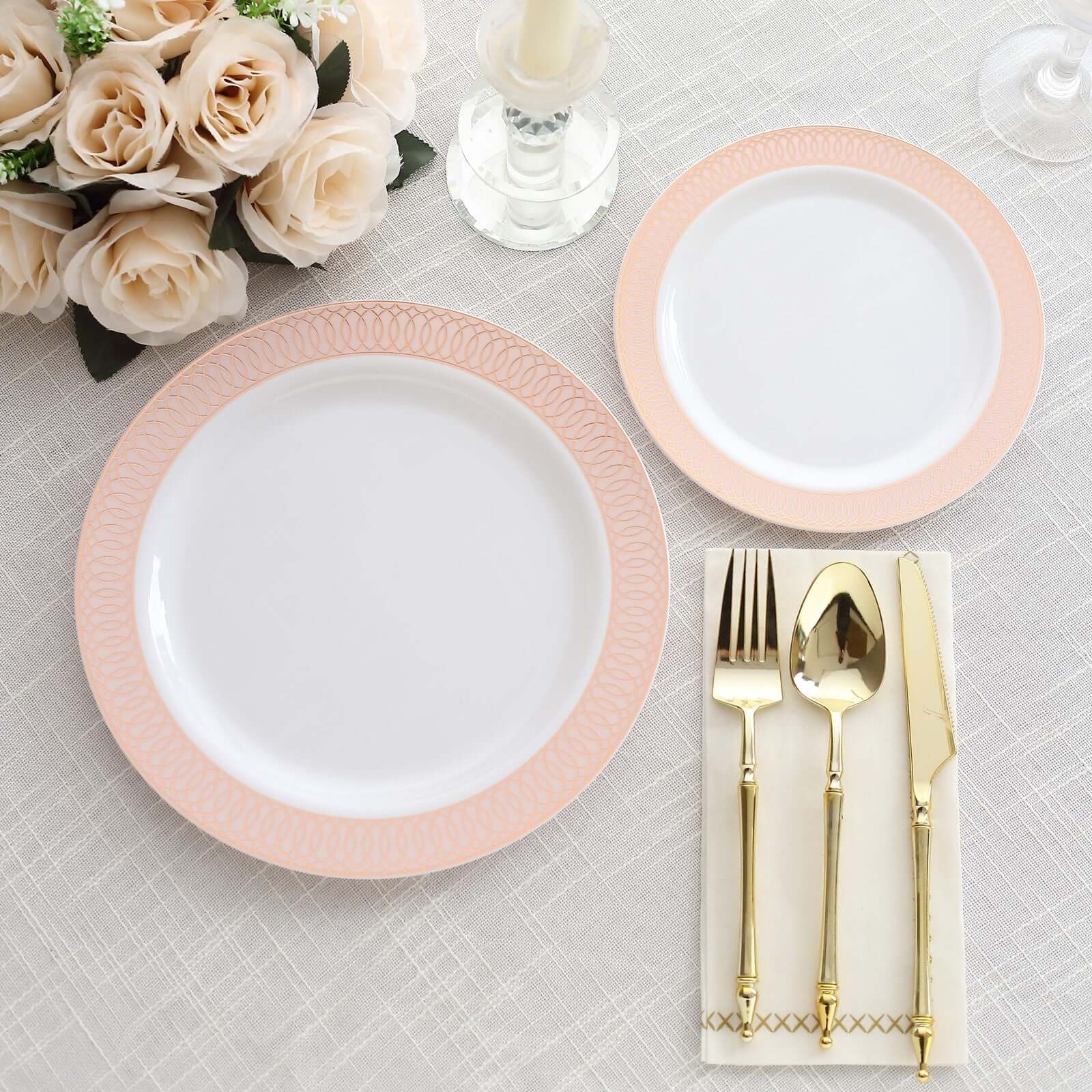 10 - Pack Plastic Round Dinner Plates 10" White with Blush Rose Gold Spiral Rim - Chic Disposable Party Plates - Bell Racket Store