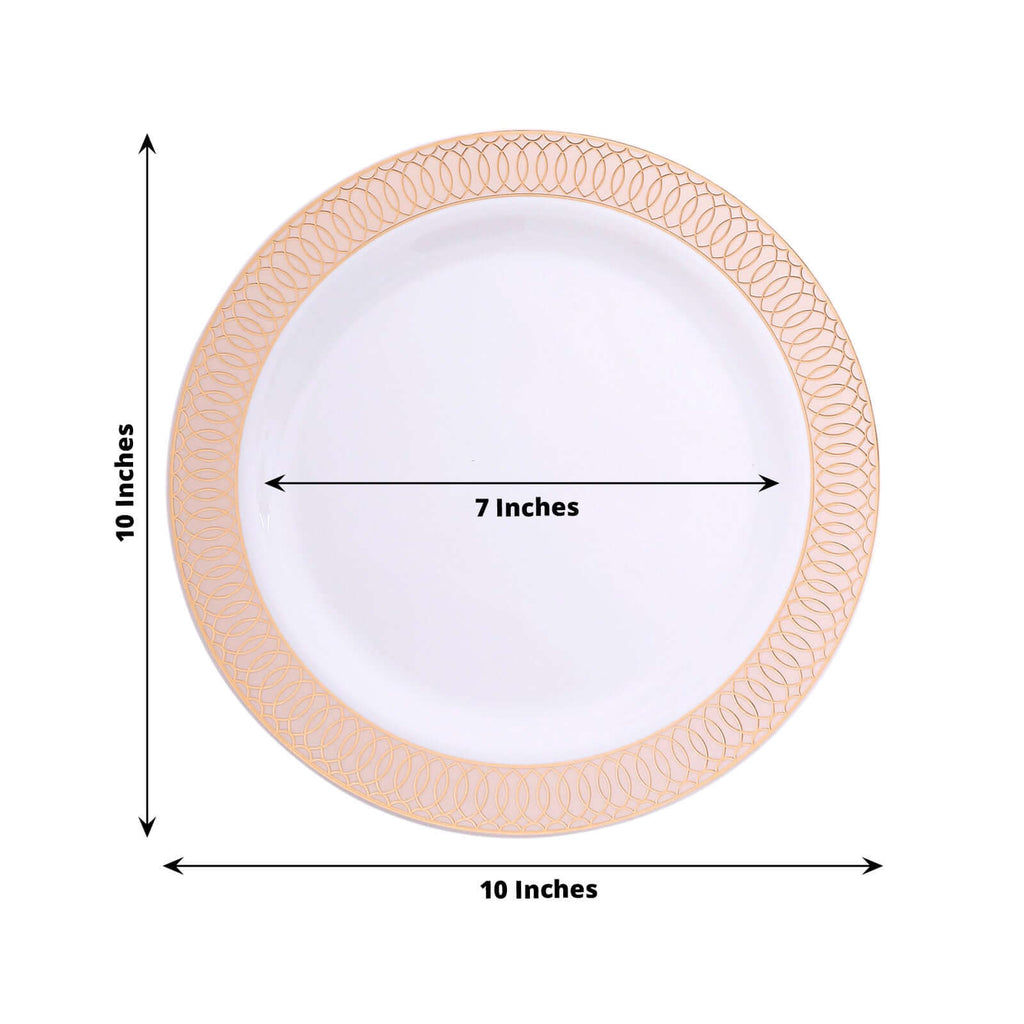 10 - Pack Plastic Round Dinner Plates 10" White with Blush Rose Gold Spiral Rim - Chic Disposable Party Plates - Bell Racket Store