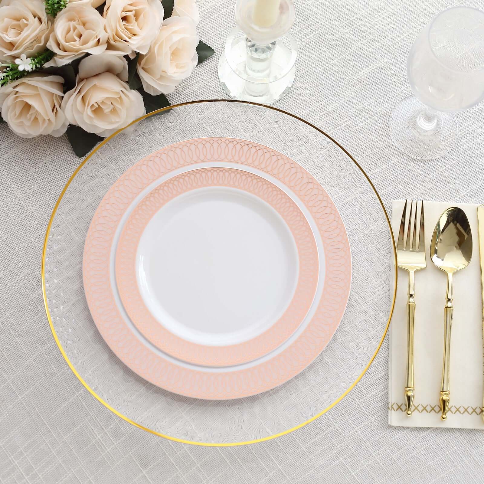 10 - Pack Plastic Round Dinner Plates 10" White with Blush Rose Gold Spiral Rim - Chic Disposable Party Plates - Bell Racket Store