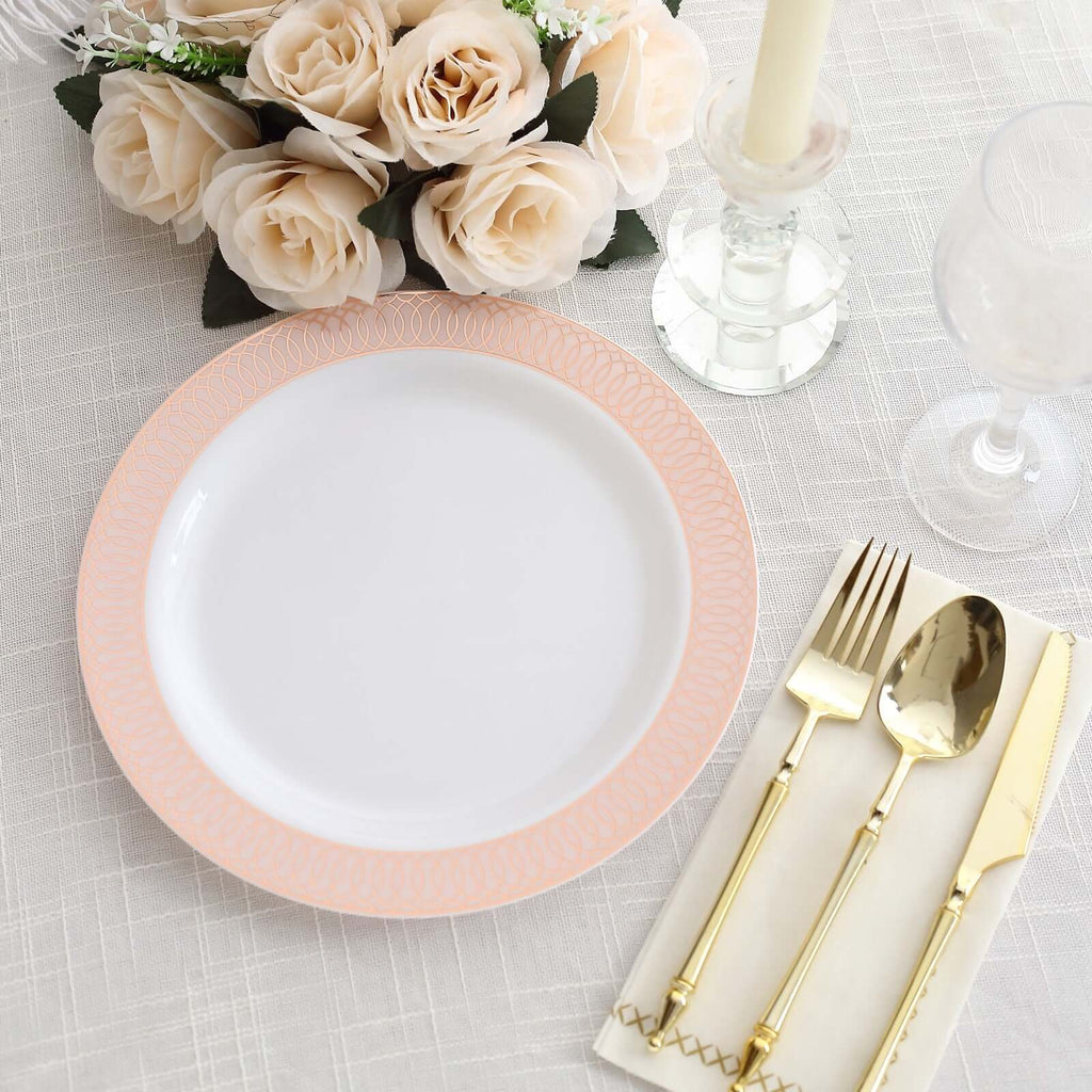 10 - Pack Plastic Round Dinner Plates 10" White with Blush Rose Gold Spiral Rim - Chic Disposable Party Plates - Bell Racket Store