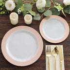 10 - Pack Plastic Round Dinner Plates 10" White with Blush Rose Gold Spiral Rim - Chic Disposable Party Plates - Bell Racket Store