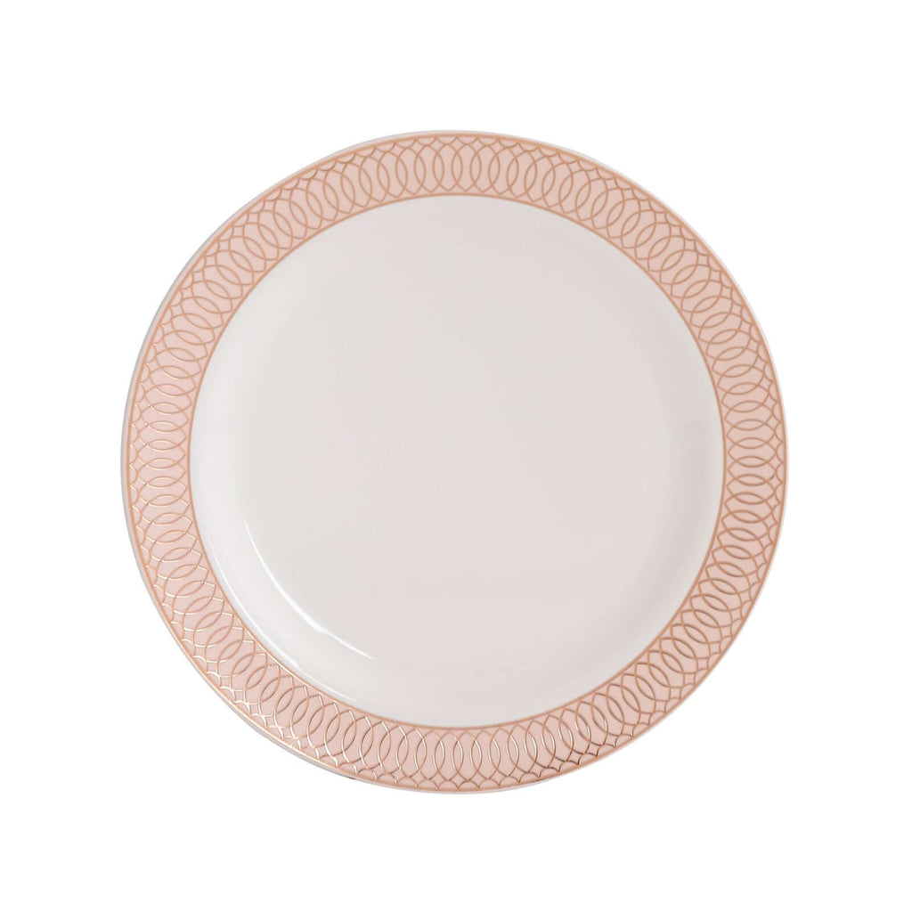 10 - Pack Plastic Round Dinner Plates 10" White with Blush Rose Gold Spiral Rim - Chic Disposable Party Plates - Bell Racket Store
