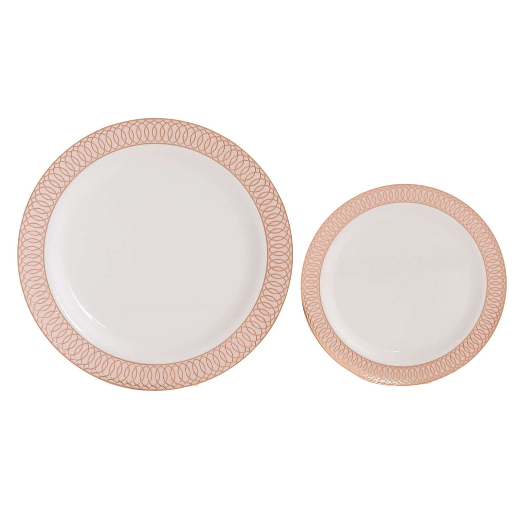 10 - Pack Plastic Round Dinner Plates 10" White with Blush Rose Gold Spiral Rim - Chic Disposable Party Plates - Bell Racket Store