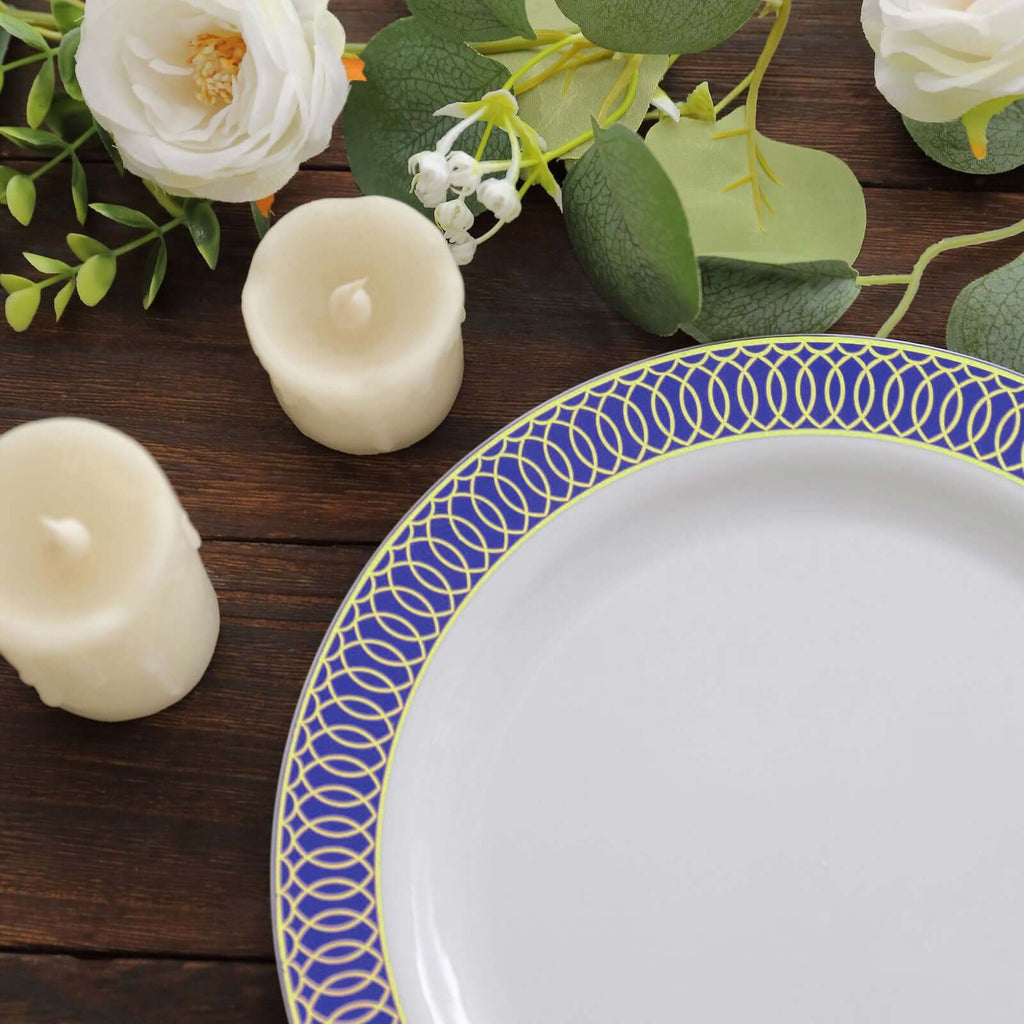10 - Pack Plastic Round Dinner Plates 10" White with Navy Blue Gold Spiral Rim - Chic Disposable Party Plates - Bell Racket Store