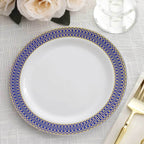 10 - Pack Plastic Round Dinner Plates 10" White with Navy Blue Gold Spiral Rim - Chic Disposable Party Plates - Bell Racket Store