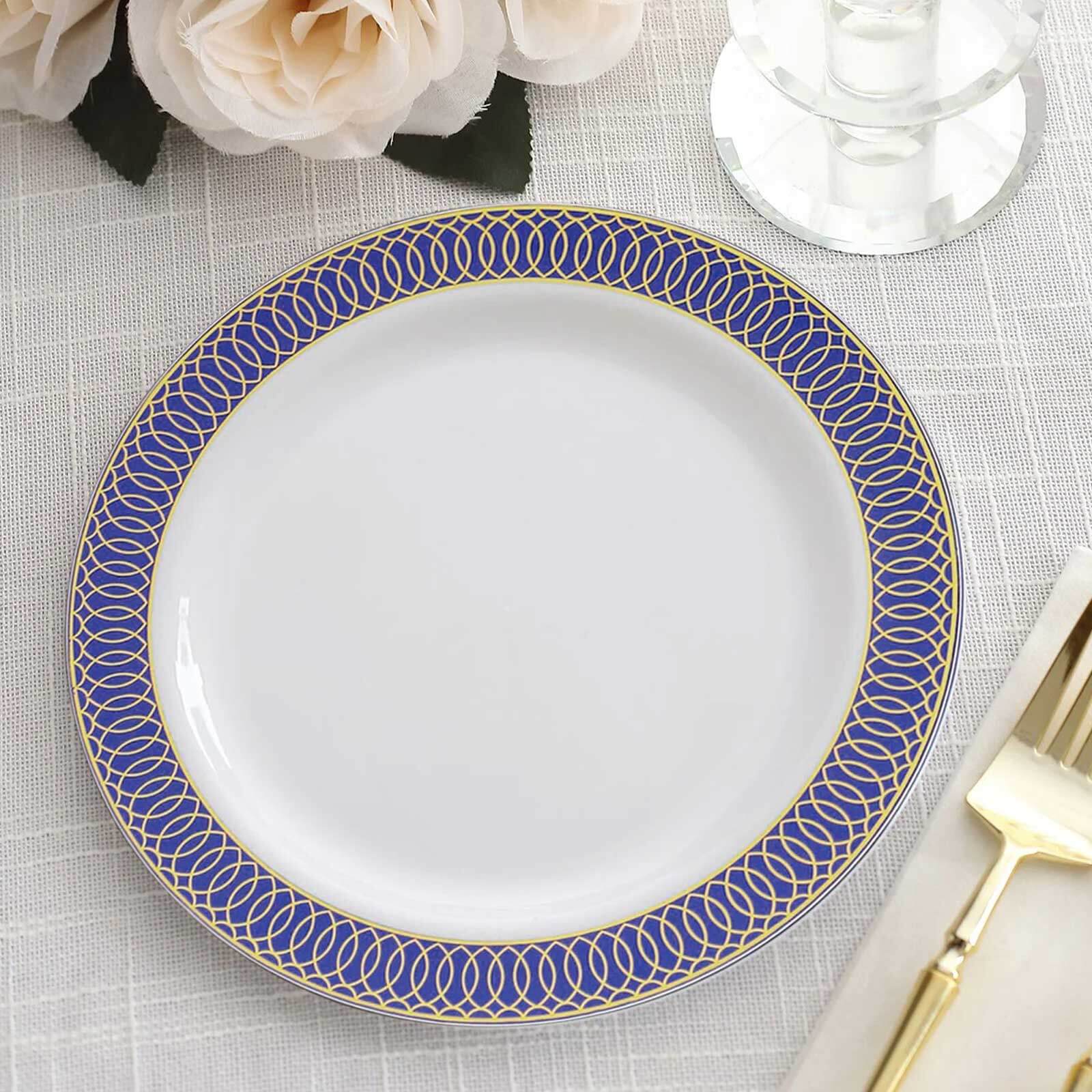 10 - Pack Plastic Round Dinner Plates 10" White with Navy Blue Gold Spiral Rim - Chic Disposable Party Plates - Bell Racket Store