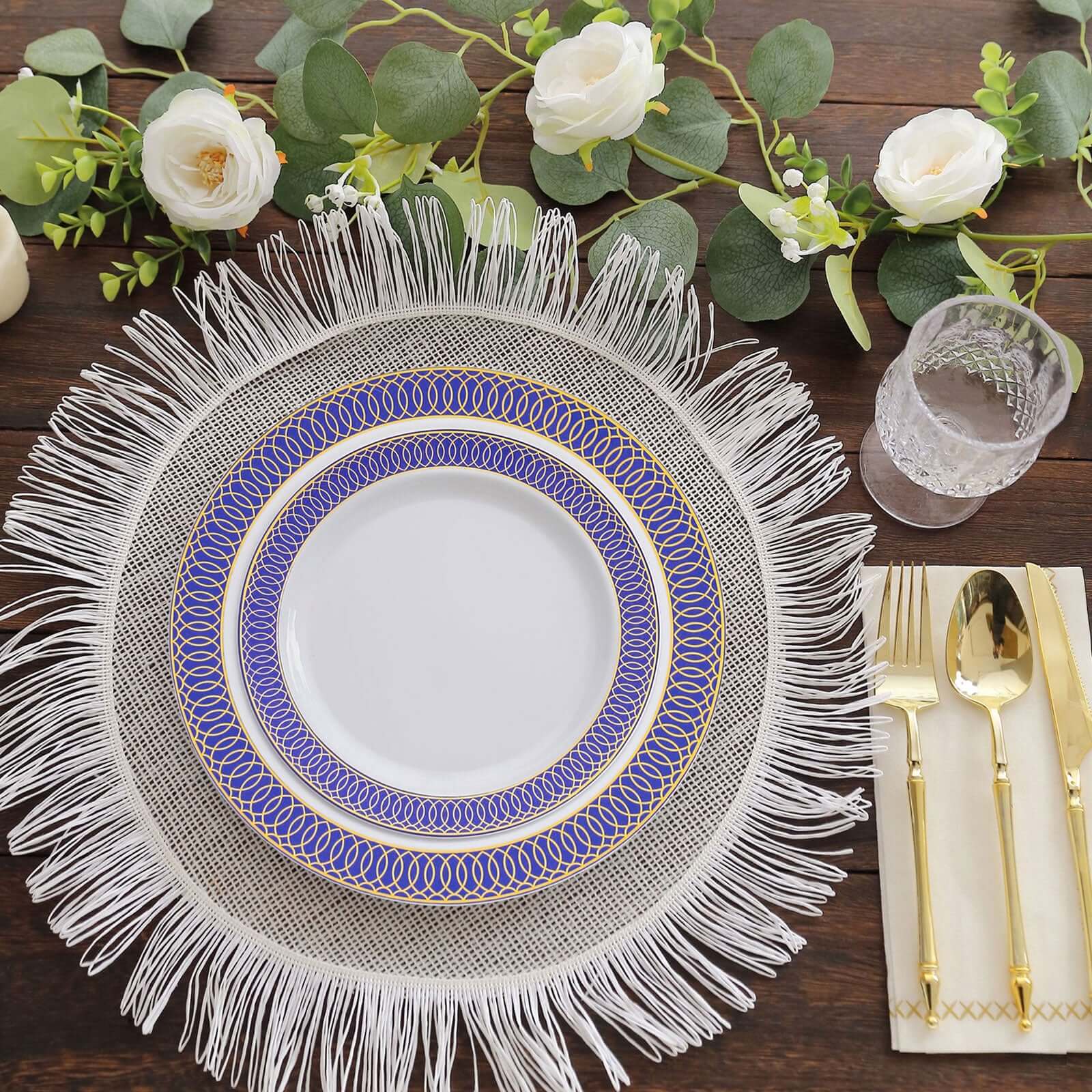 10 - Pack Plastic Round Dinner Plates 10" White with Navy Blue Gold Spiral Rim - Chic Disposable Party Plates - Bell Racket Store