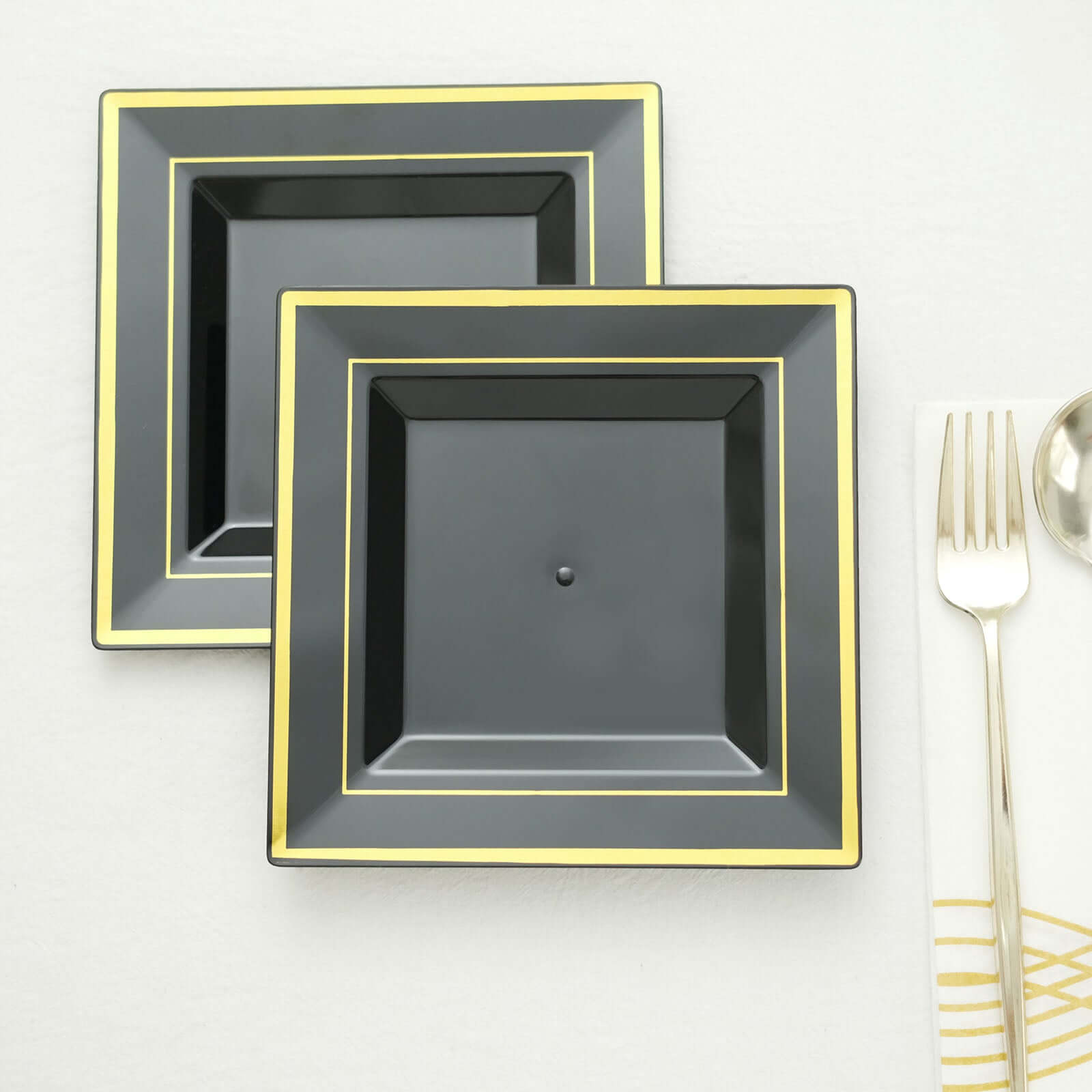 10 - Pack Plastic Salad Dessert Plates Black Square with Gold Trim - Durable Disposable Appetizer Plates 7" - Bell Racket Store