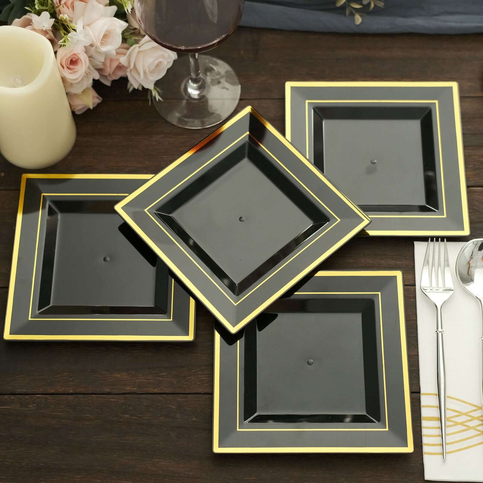 10 - Pack Plastic Salad Dessert Plates Black Square with Gold Trim - Durable Disposable Appetizer Plates 7" - Bell Racket Store