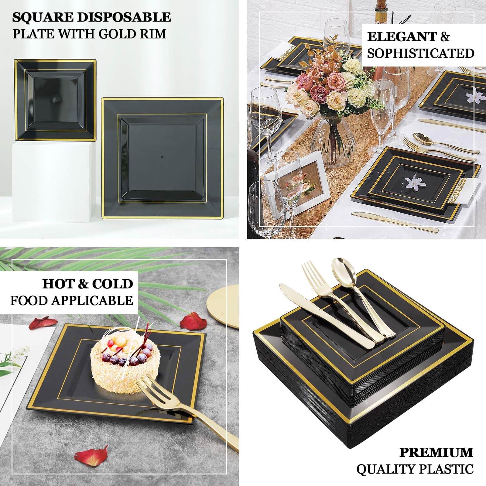 10 - Pack Plastic Salad Dessert Plates Black Square with Gold Trim - Durable Disposable Appetizer Plates 7" - Bell Racket Store