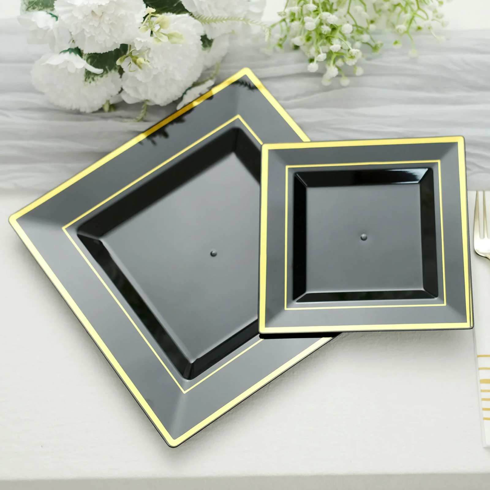 10 - Pack Plastic Salad Dessert Plates Black Square with Gold Trim - Durable Disposable Appetizer Plates 7" - Bell Racket Store