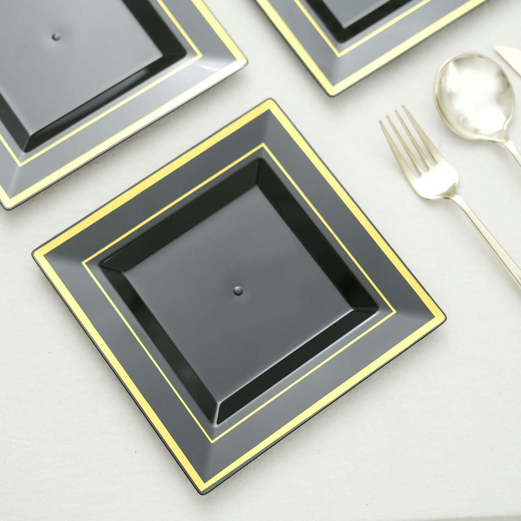 10 - Pack Plastic Salad Dessert Plates Black Square with Gold Trim - Durable Disposable Appetizer Plates 7" - Bell Racket Store