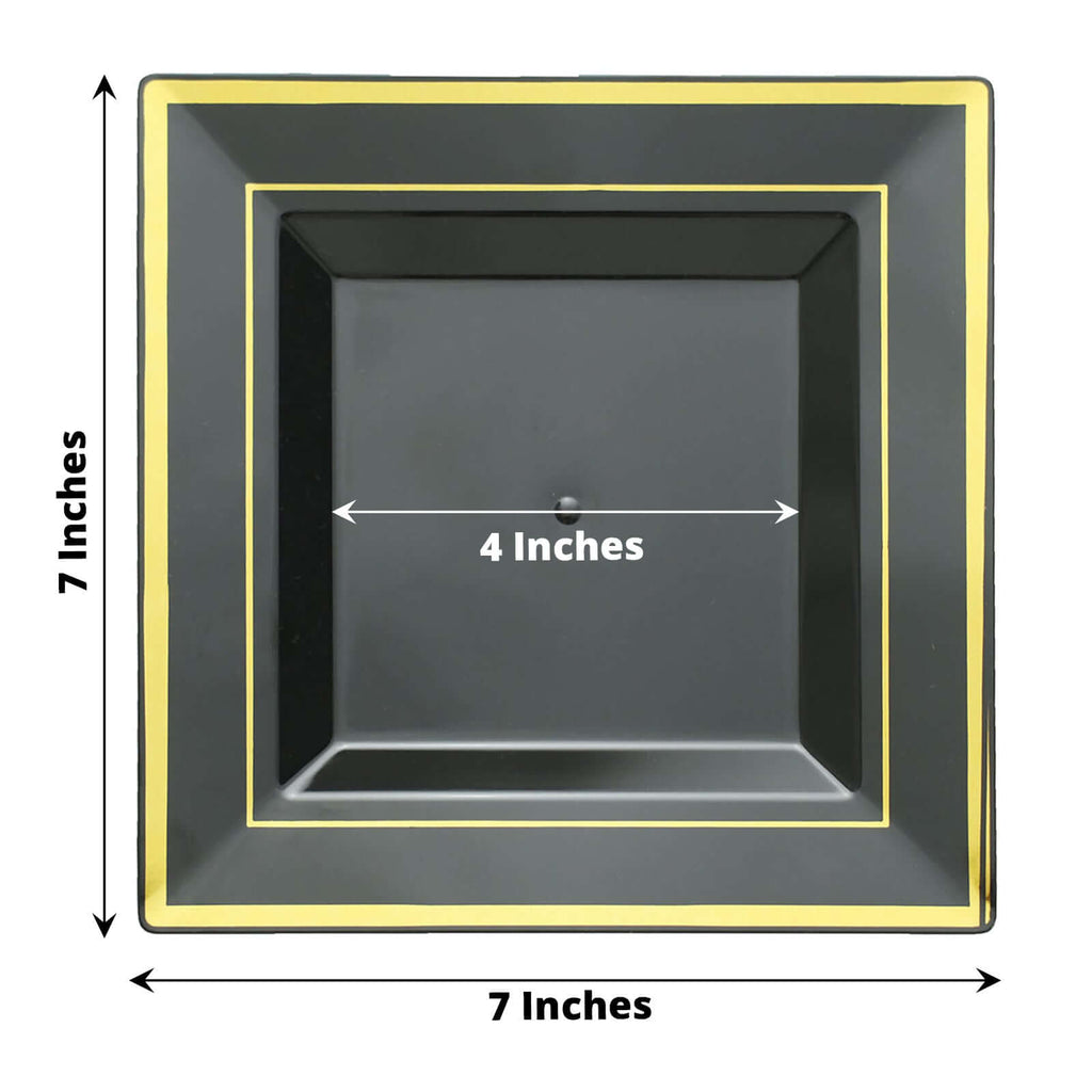 10 - Pack Plastic Salad Dessert Plates Black Square with Gold Trim - Durable Disposable Appetizer Plates 7" - Bell Racket Store