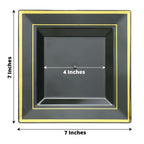 10 - Pack Plastic Salad Dessert Plates Black Square with Gold Trim - Durable Disposable Appetizer Plates 7" - Bell Racket Store