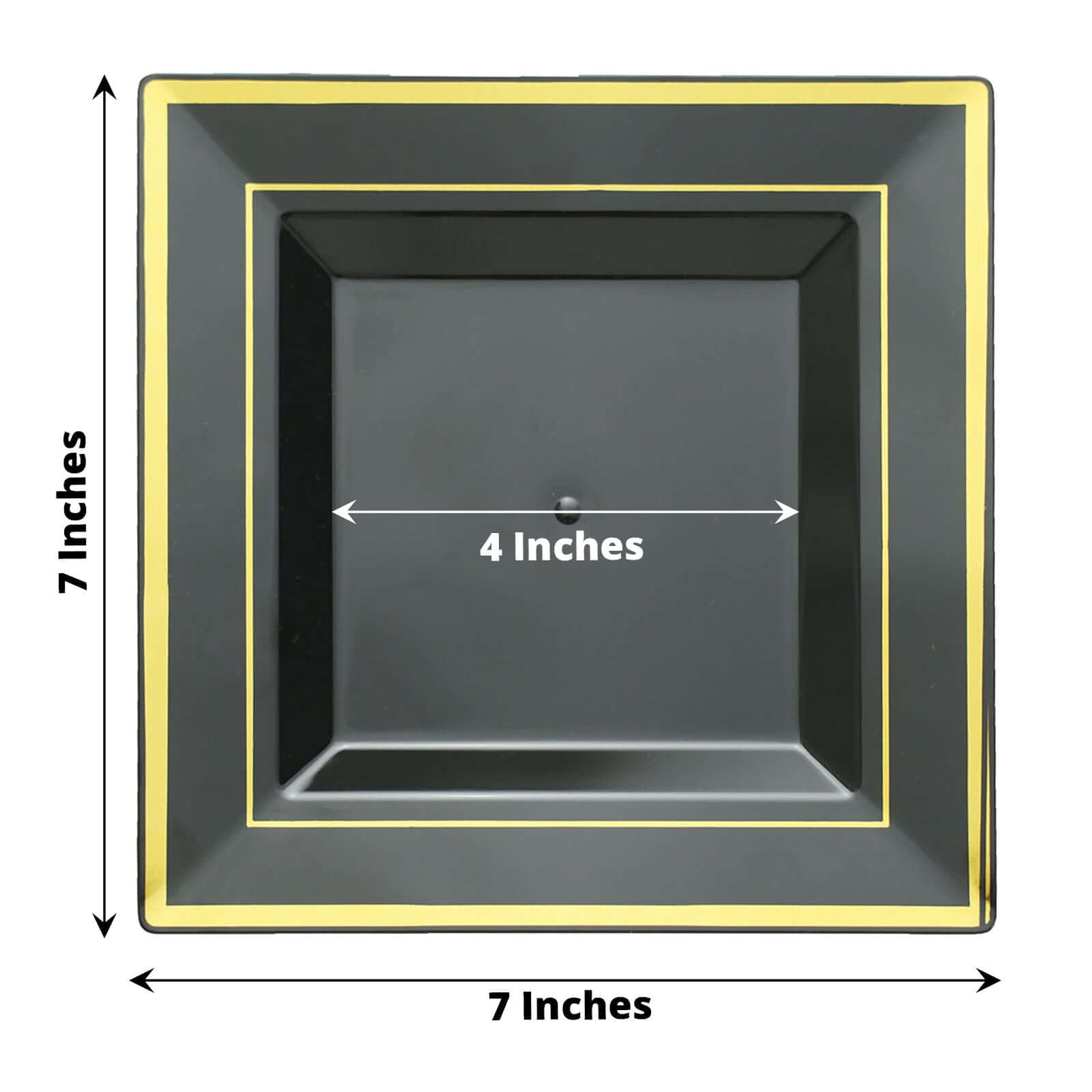 10 - Pack Plastic Salad Dessert Plates Black Square with Gold Trim - Durable Disposable Appetizer Plates 7" - Bell Racket Store