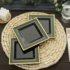 10 - Pack Plastic Salad Dessert Plates Black Square with Gold Trim - Durable Disposable Appetizer Plates 7" - Bell Racket Store