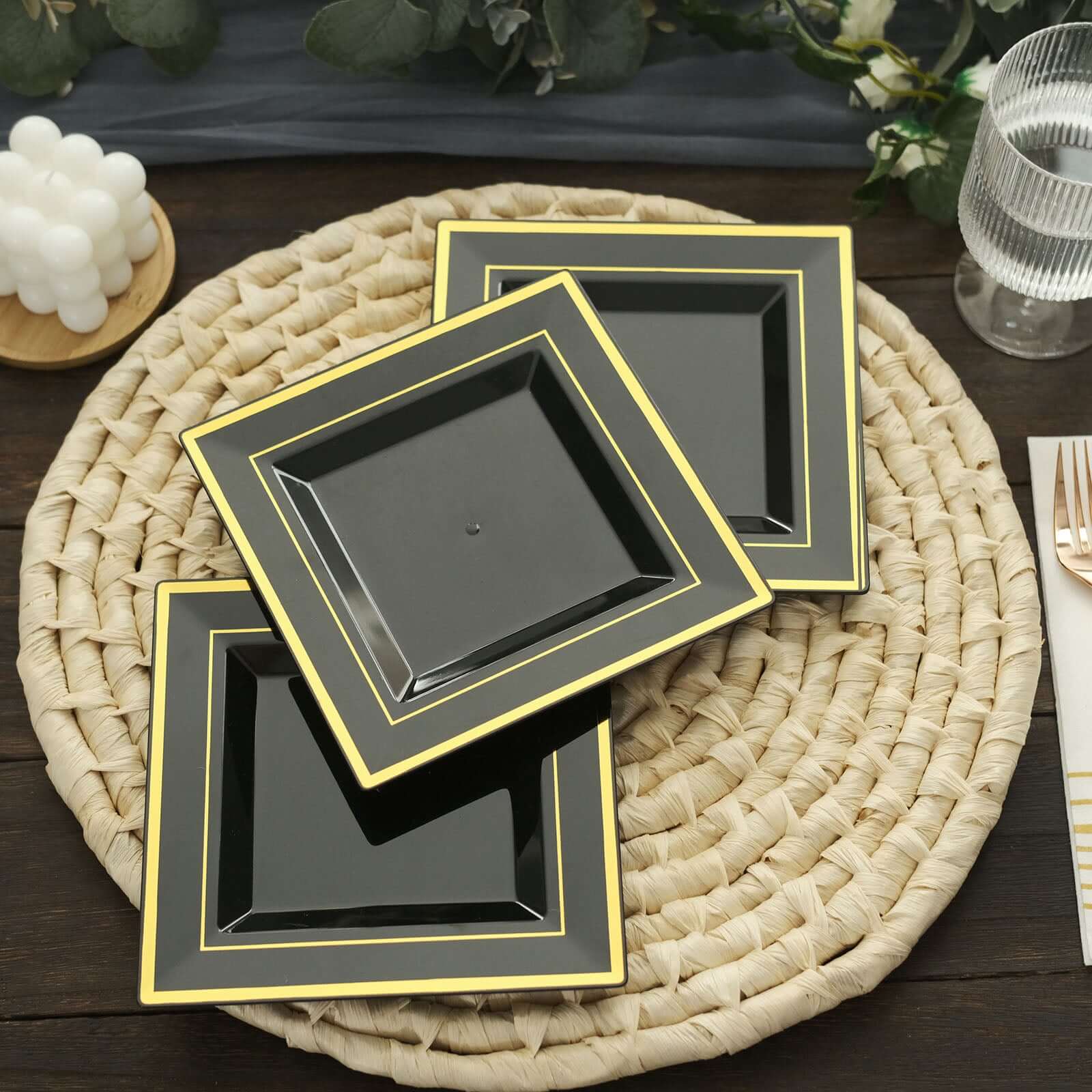 10 - Pack Plastic Salad Dessert Plates Black Square with Gold Trim - Durable Disposable Appetizer Plates 7" - Bell Racket Store